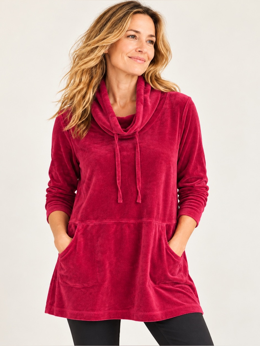 J. Jill Pure Red Velour Cowl Neck Tunic Sweatshirt Pockets Women’s M